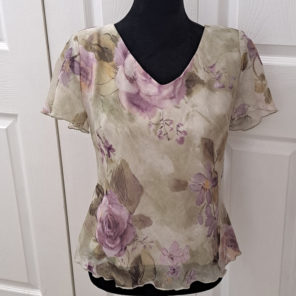 K Studio Floral Blouse with Flutter Wings   Size 12
